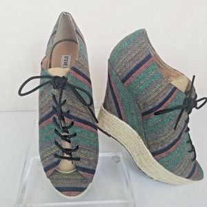 Steve Madden Wedge Shoes 9.5M Canvas Lace-up Espadrille Green Stripes Peep Toe